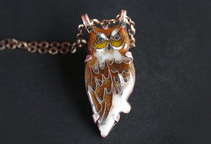Copper Cloisonné Great Horned Owl Pendant