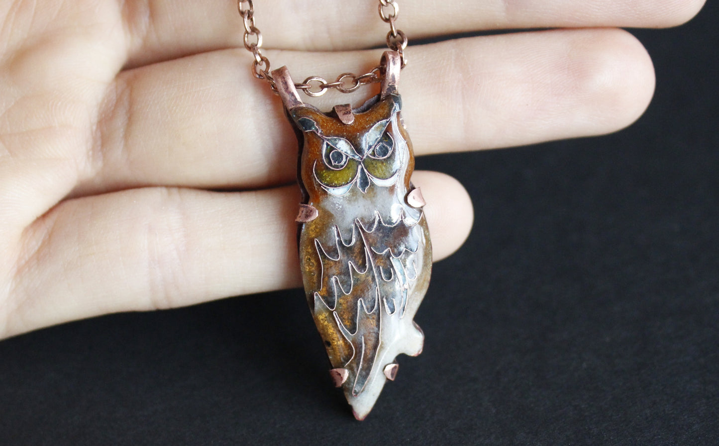 Copper Cloisonné Great Horned Owl Pendant