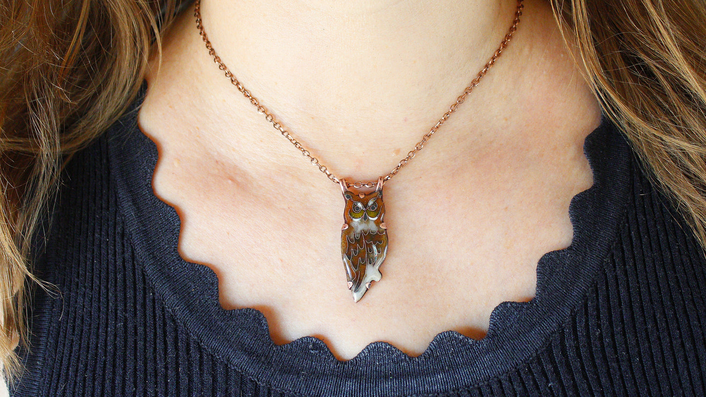 Copper Cloisonné Great Horned Owl Pendant